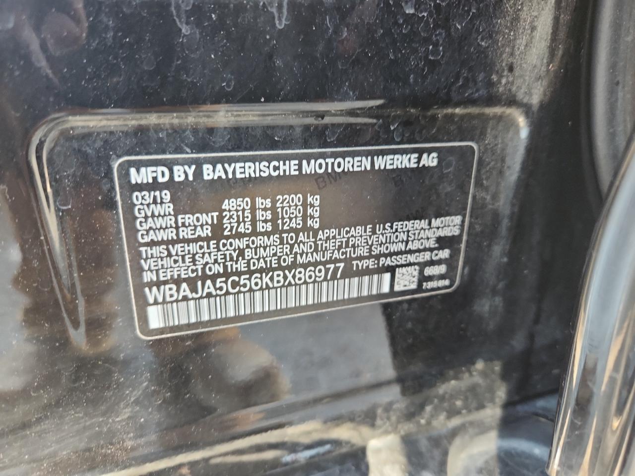 2019 BMW 530 I VIN: WBAJA5C56KBX86977 Lot: 80799775