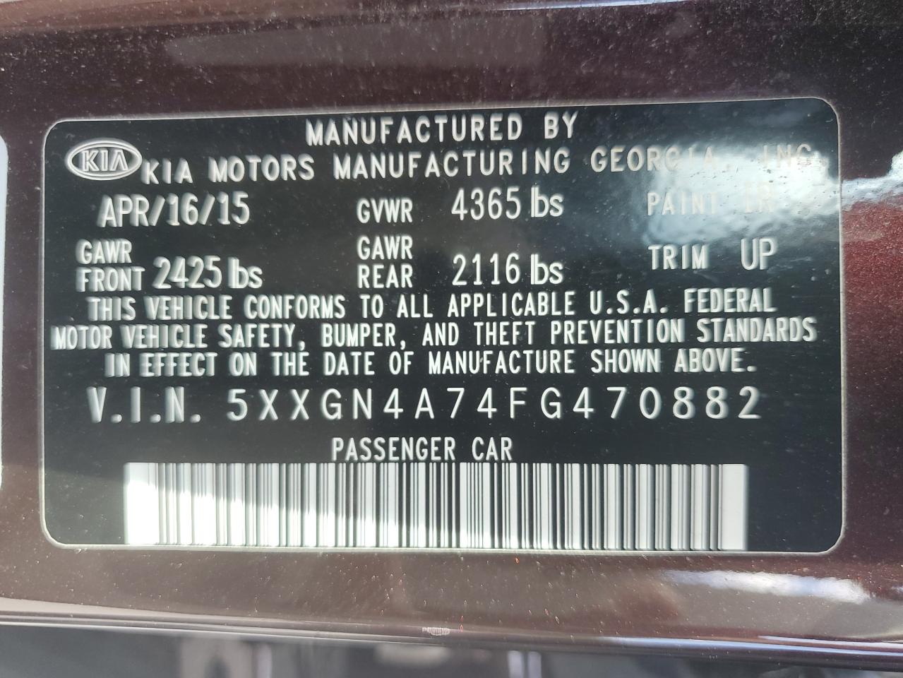 2015 Kia Optima Ex VIN: 5XXGN4A74FG470882 Lot: 83958225