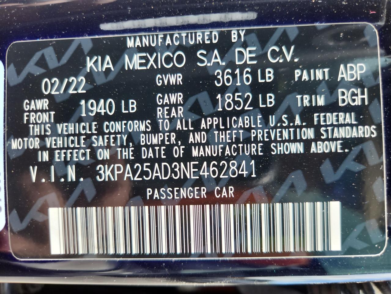 2022 Kia Rio S VIN: 3KPA25AD3NE462841 Lot: 81319155