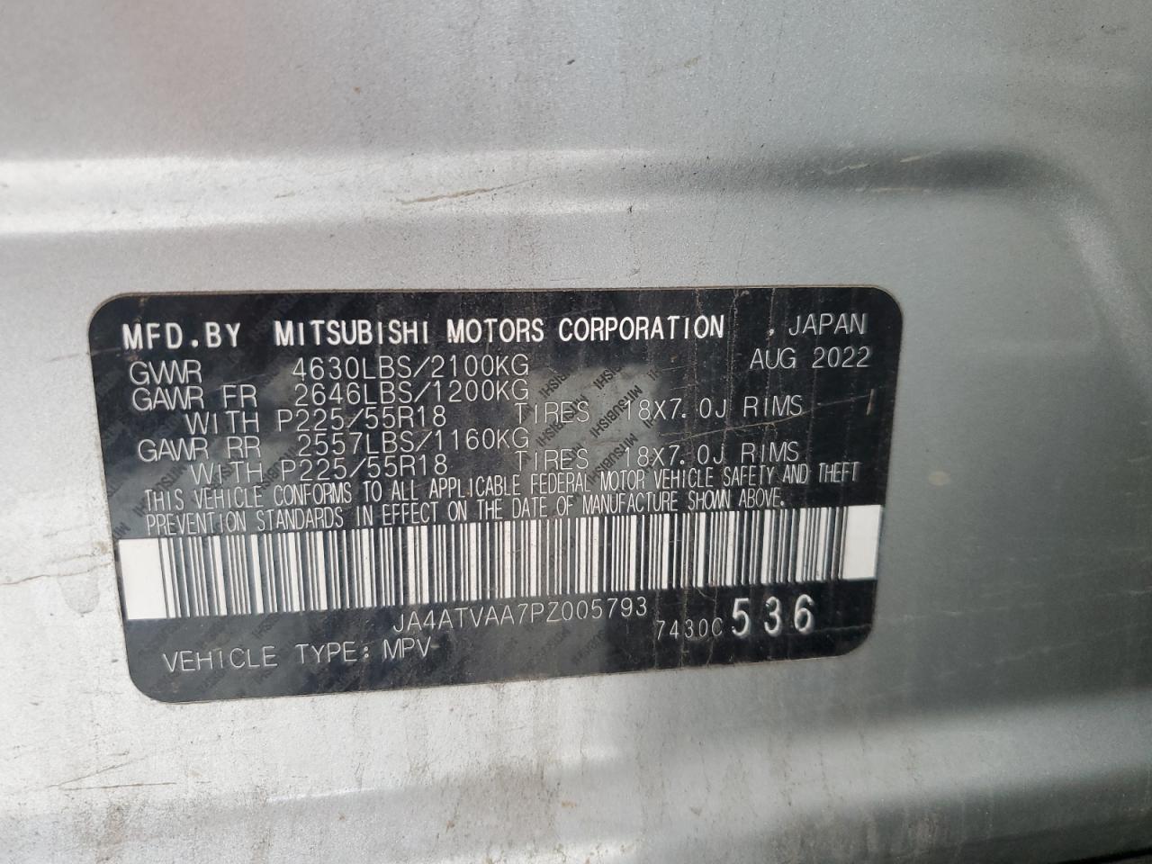 2023 Mitsubishi Eclipse Cross Le VIN: JA4ATVAA7PZ005793 Lot: 84625815