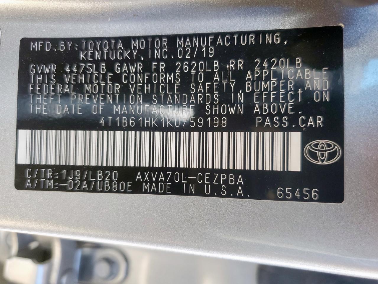 2019 Toyota Camry Xse VIN: 4T1B61HK1KU759198 Lot: 84239675