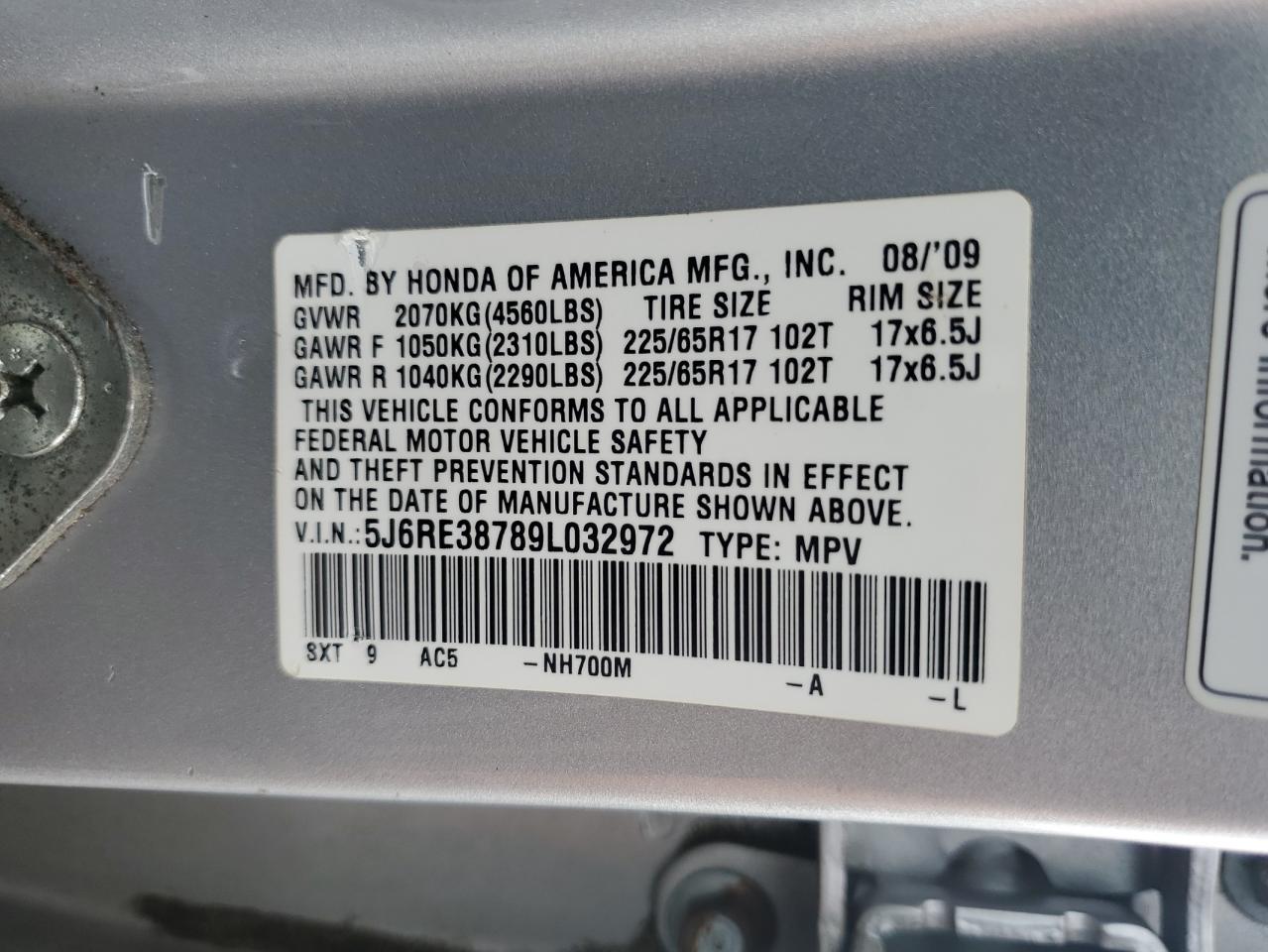 2009 Honda Cr-V Exl VIN: 5J6RE38789L032972 Lot: 81145845