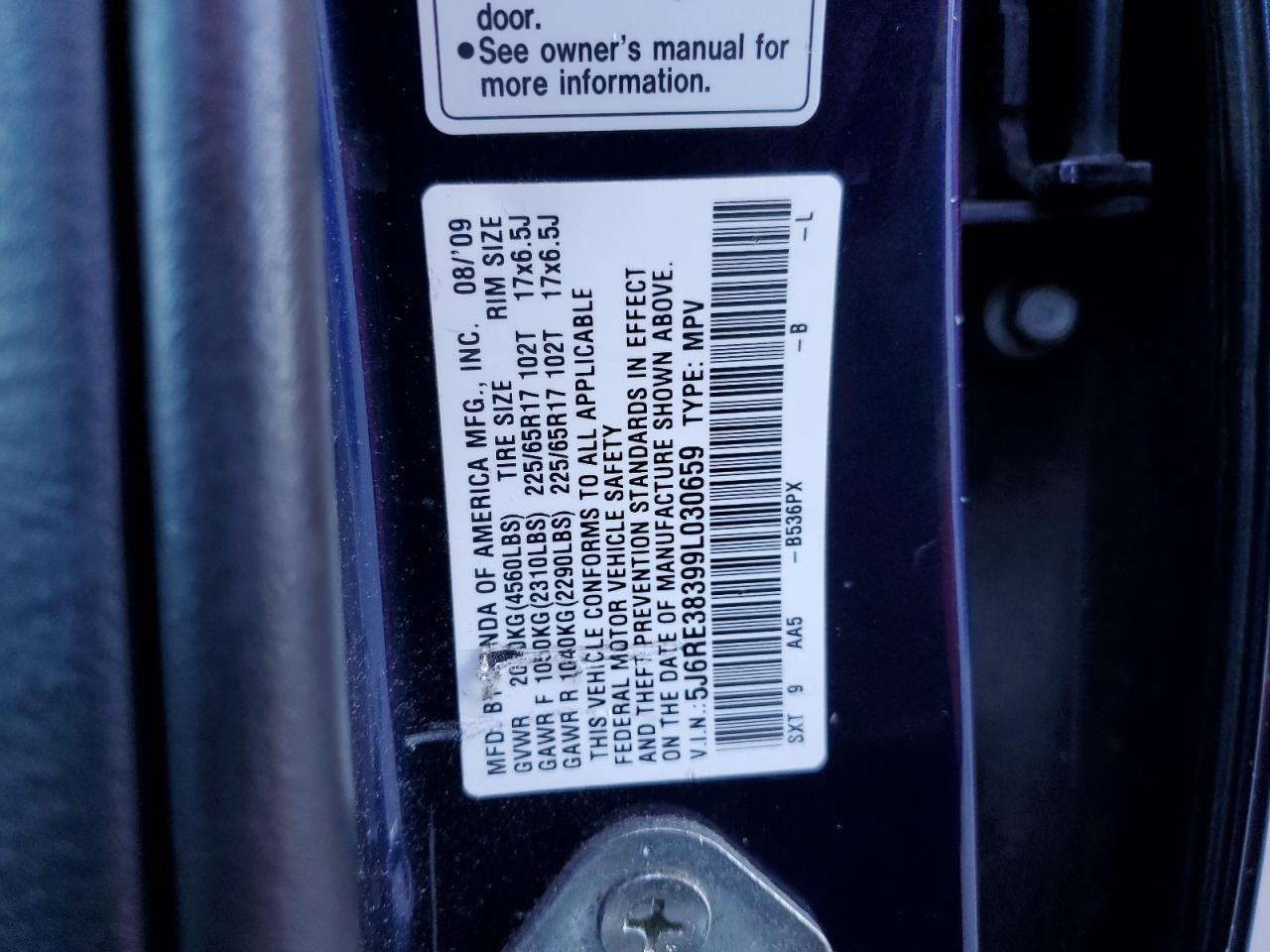 2009 Honda Cr-V Lx VIN: 5J6RE38399L030659 Lot: 80201155