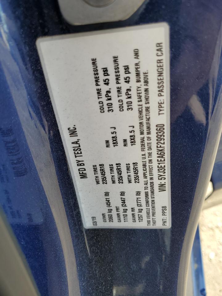 2019 Tesla Model 3 VIN: 5YJ3E1EA6KF299360 Lot: 72004255