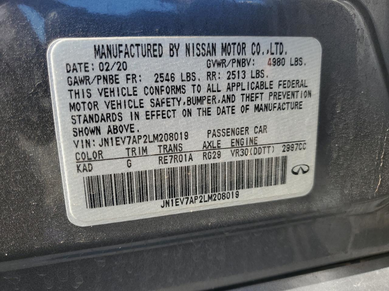 2020 Infiniti Q50 Pure VIN: JN1EV7AP2LM208019 Lot: 84043315