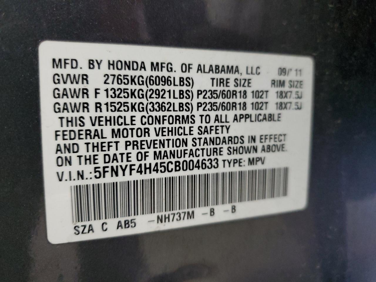 2012 Honda Pilot Ex VIN: 5FNYF4H45CB004633 Lot: 80736115