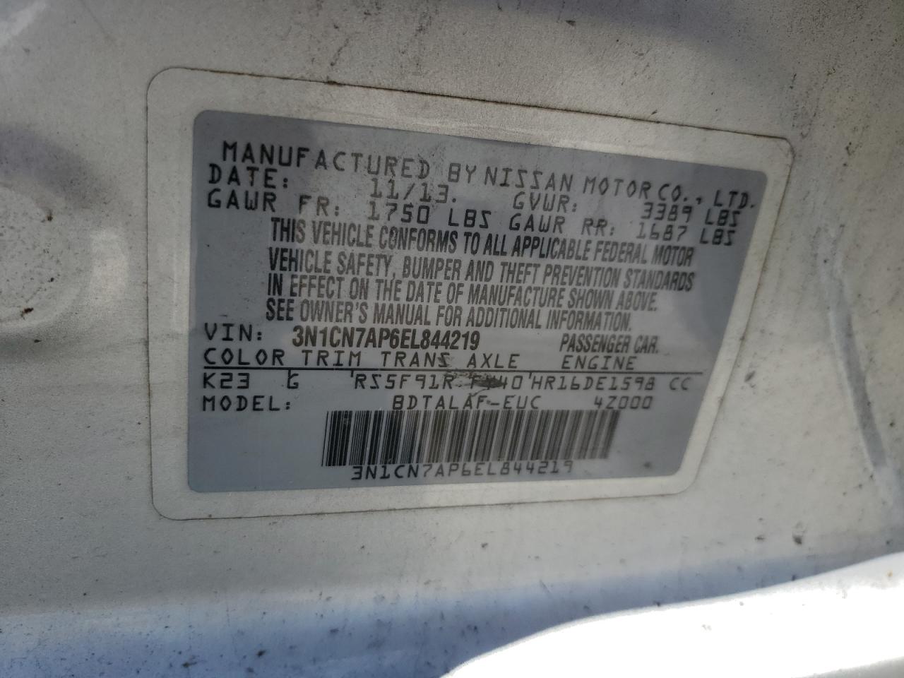 2014 Nissan Versa S VIN: 3N1CN7AP6EL844219 Lot: 70551255