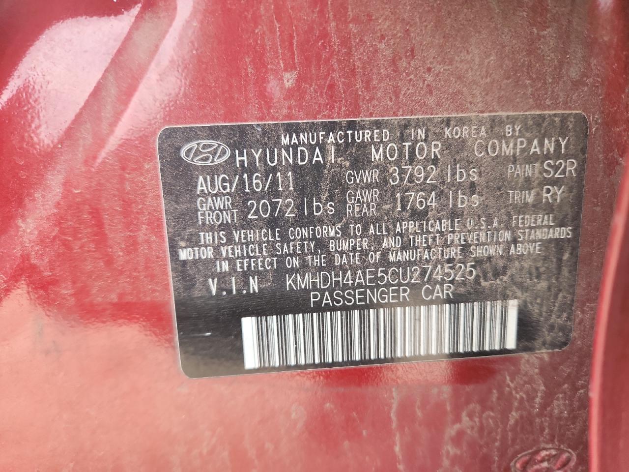 2012 Hyundai Elantra Gls VIN: KMHDH4AE5CU274525 Lot: 81665375
