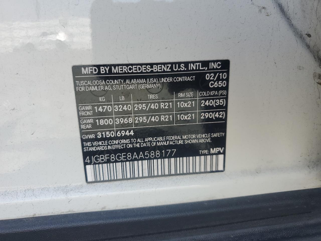 2010 Mercedes-Benz Gl 550 4Matic VIN: 4JGBF8GE8AA588177 Lot: 83987405