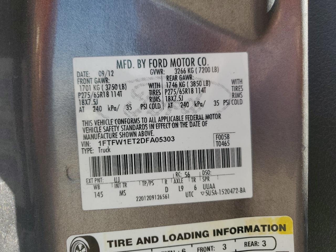 2013 Ford F150 Supercrew VIN: 1FTFW1ET2DFA05303 Lot: 81100815