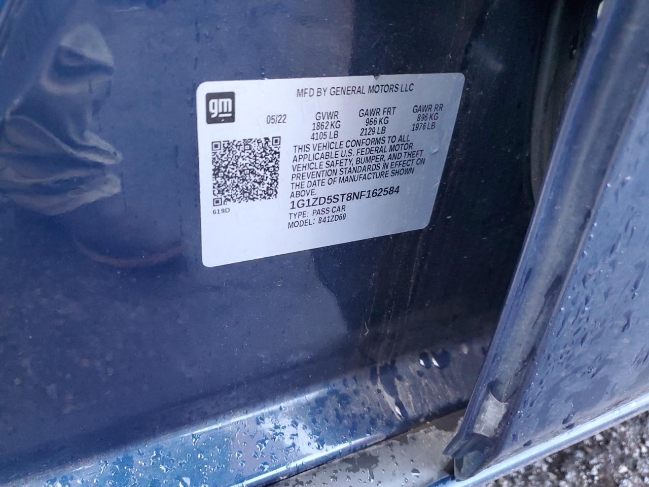 2022 Chevrolet Malibu Lt VIN: 1G1ZD5ST8NF162584 Lot: 84424565