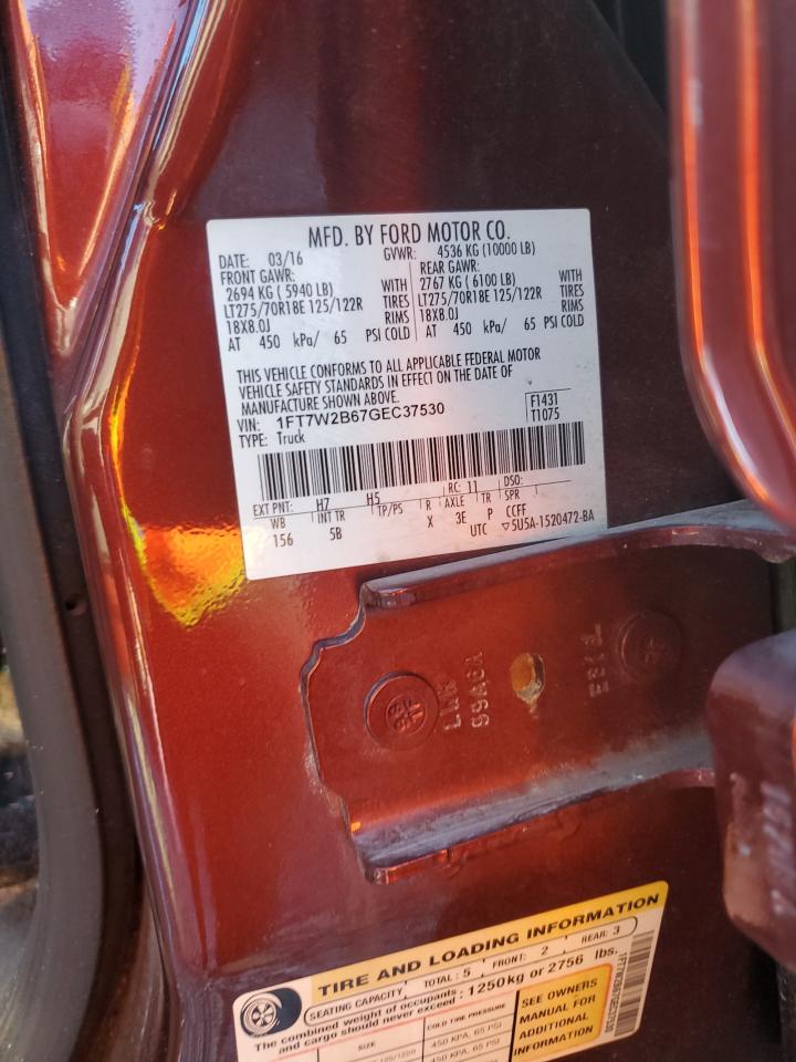 2016 Ford F250 Super Duty VIN: 1FT7W2B67GEC37530 Lot: 81031065