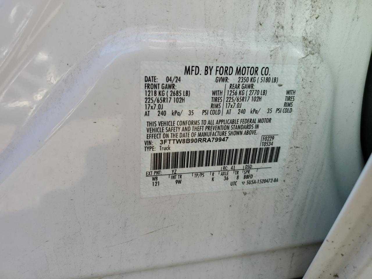 2024 Ford Maverick Xl VIN: 3FTTW8B90RRA79947 Lot: 84373945