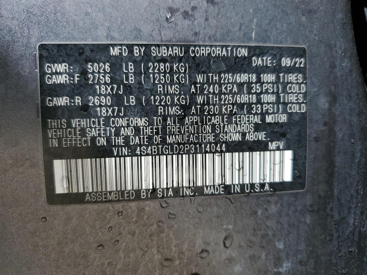 2023 Subaru Outback Onyx Edition Xt VIN: 4S4BTGLD2P3114044 Lot: 80271165