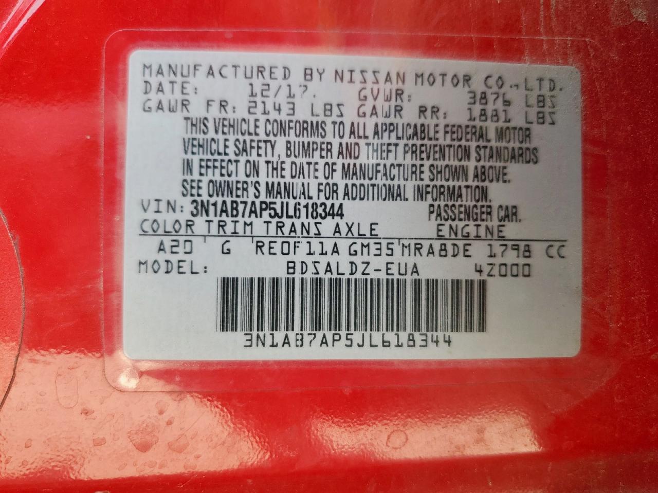 2018 Nissan Sentra S VIN: 3N1AB7AP5JL618344 Lot: 81143185