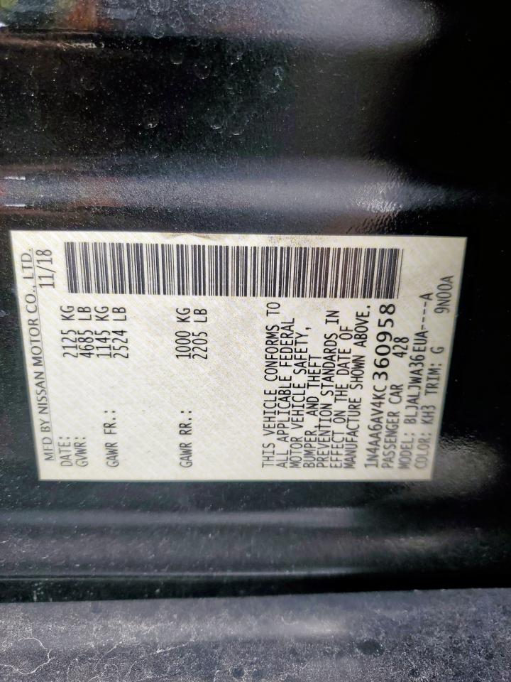 2019 Nissan Maxima S VIN: 1N4AA6AV4KC360958 Lot: 69101045