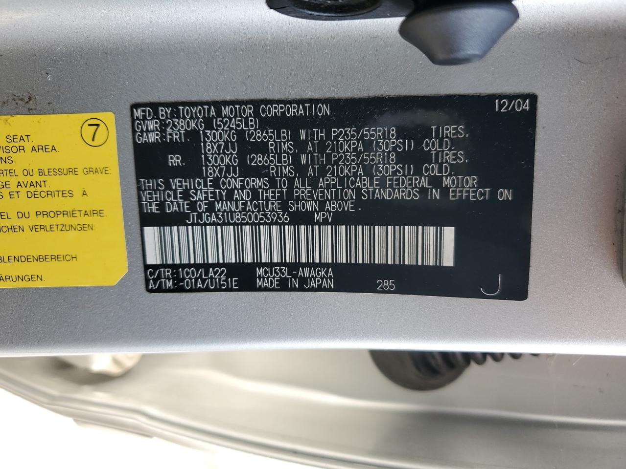 2005 Lexus Rx 330 VIN: JTJGA31U850053936 Lot: 80113785