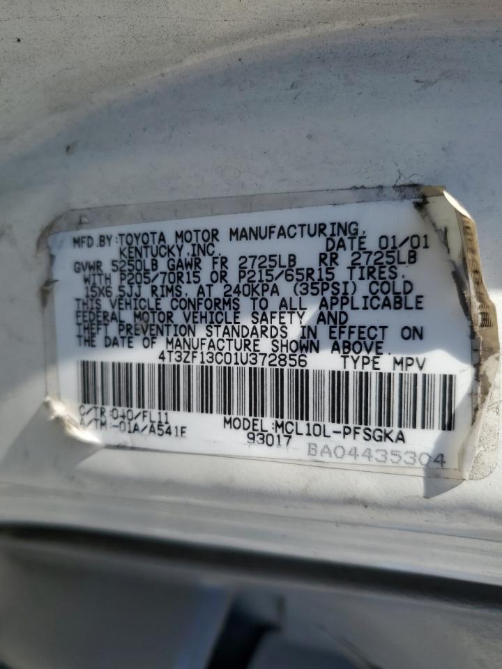 2001 Toyota Sienna Le VIN: 4T3ZF13C01U372856 Lot: 81835435