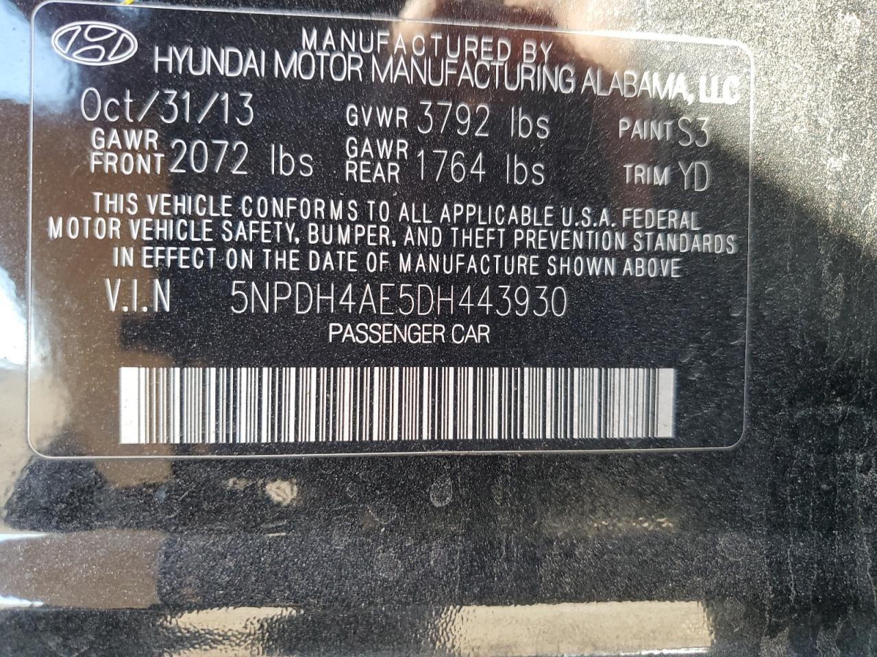 2013 Hyundai Elantra Gls VIN: 5NPDH4AE5DH443930 Lot: 82175675