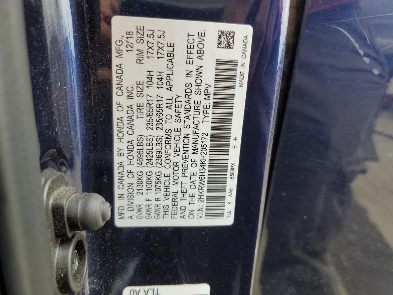 2019 Honda Cr-V Lx VIN: 2HKRW6H34KH205172 Lot: 83767365
