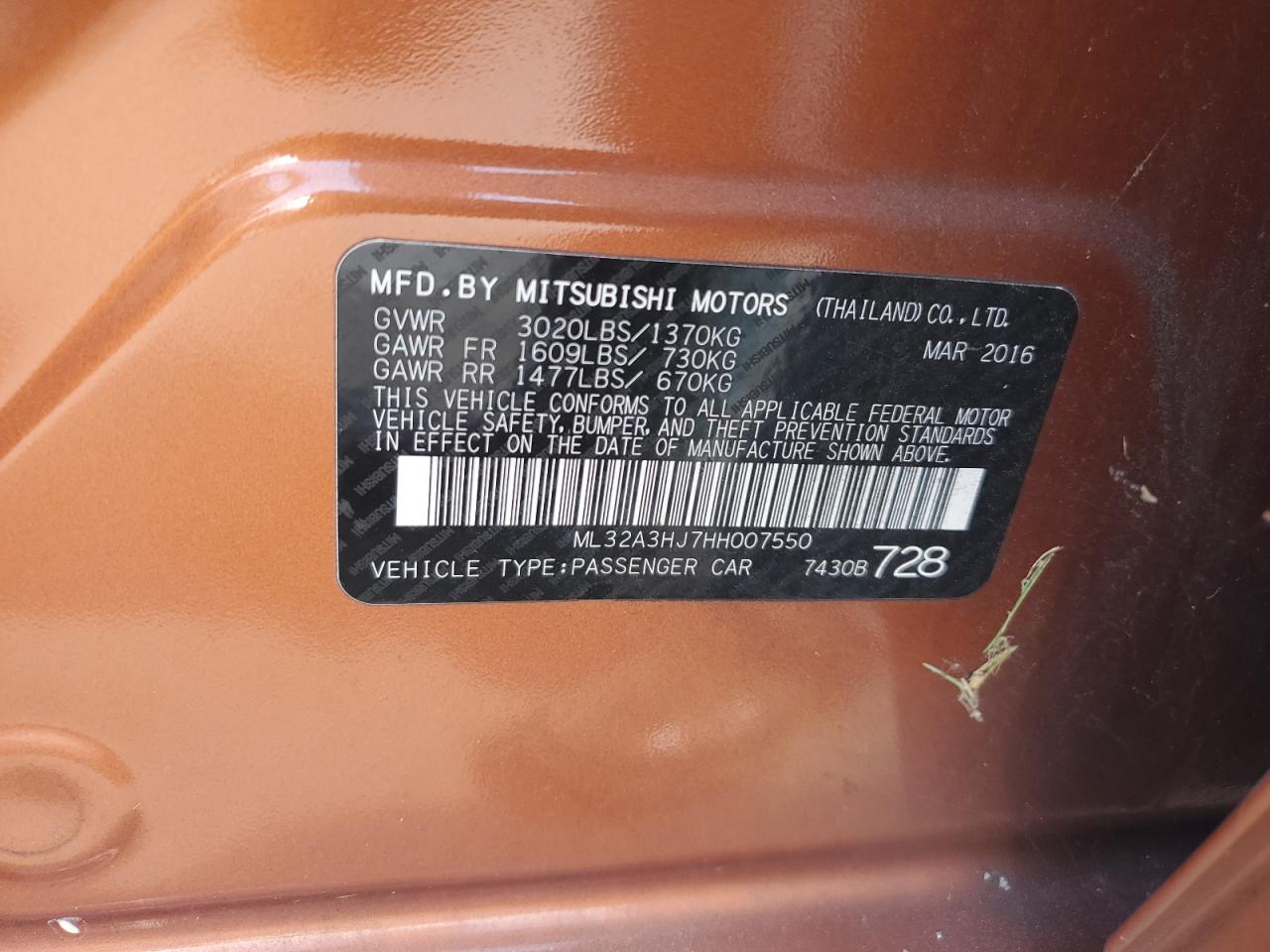 2017 Mitsubishi Mirage Es VIN: ML32A3HJ7HH007550 Lot: 71371055