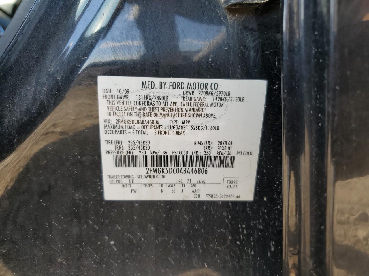 2010 Ford Flex Limited VIN: 2FMGK5DC0ABA46806 Lot: 81845795