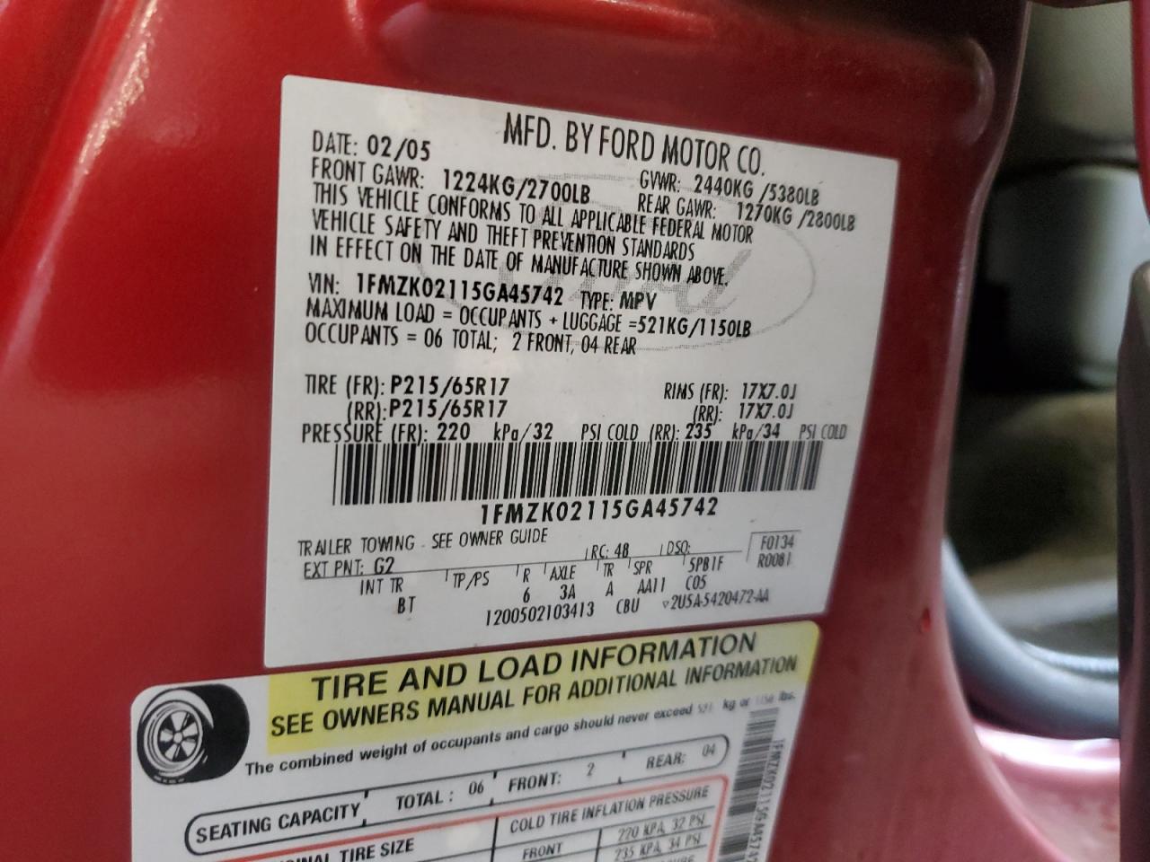 2005 Ford Freestyle Sel VIN: 1FMZK02115GA45742 Lot: 83757065