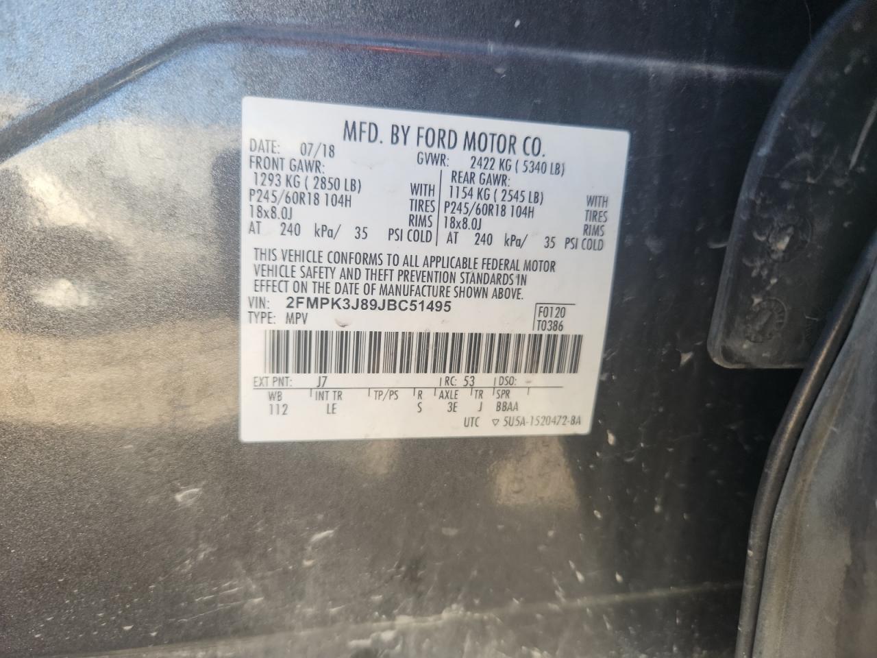 2018 Ford Edge Sel VIN: 2FMPK3J89JBC51495 Lot: 83773765