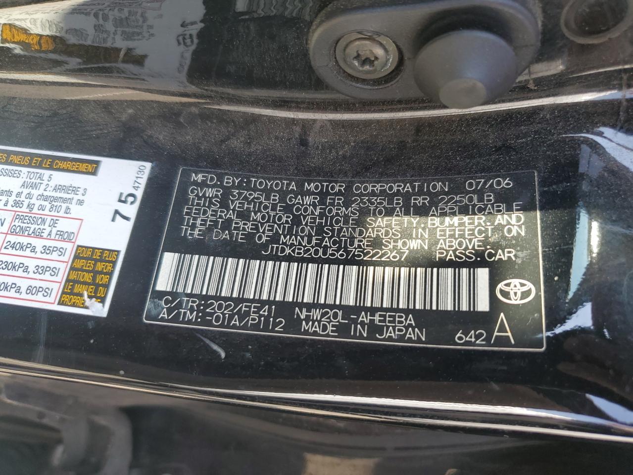 2006 Toyota Prius VIN: JTDKB20U567522267 Lot: 84796825