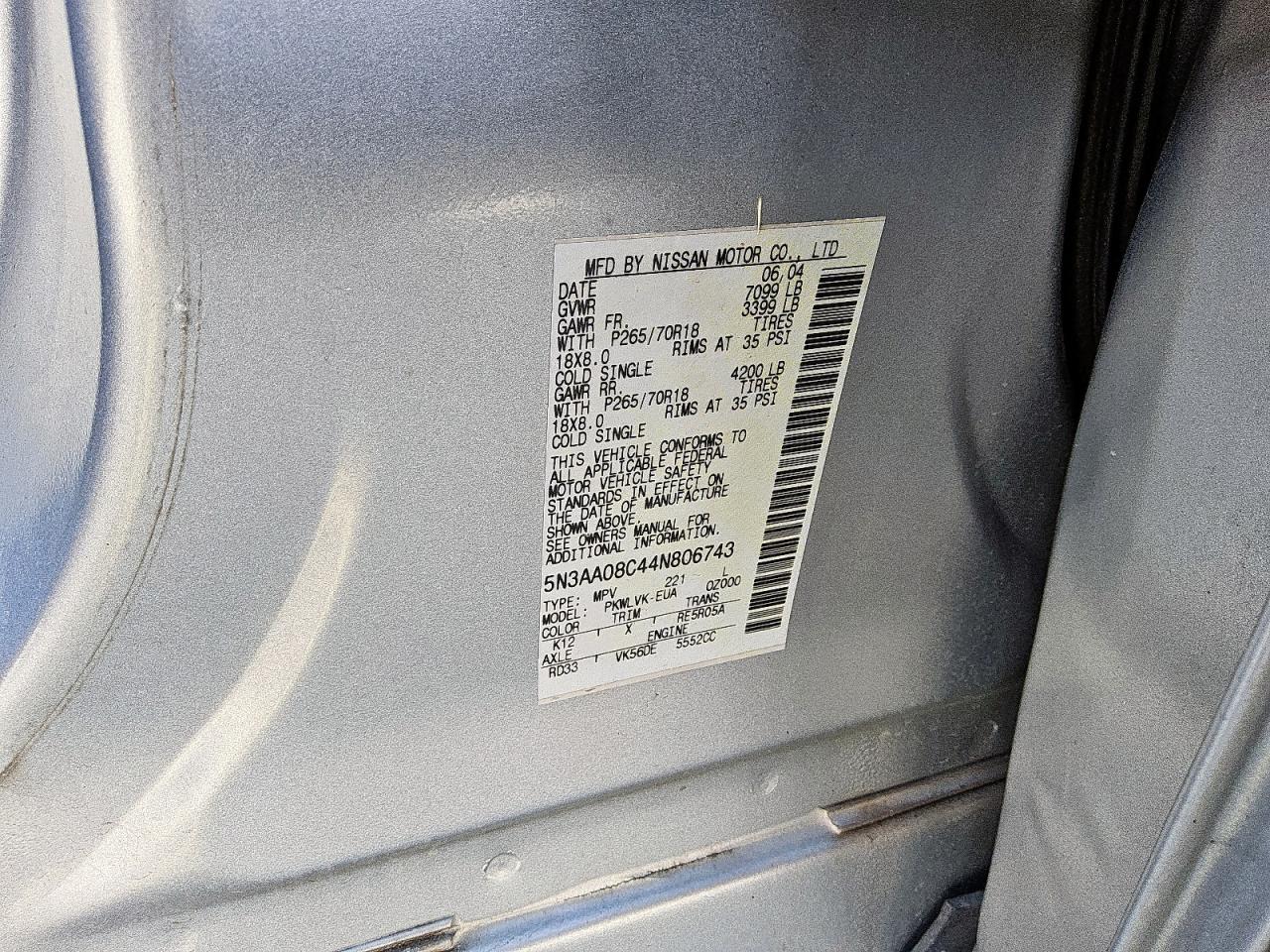 2004 Infiniti Qx56 VIN: 5N3AA08C44N806743 Lot: 81575655