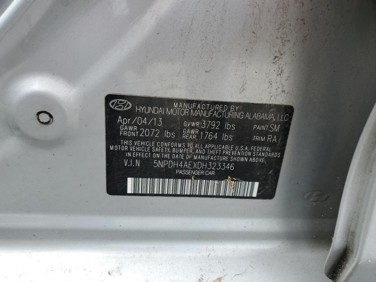 2013 Hyundai Elantra Gls VIN: 5NPDH4AEXDH323346 Lot: 71503865