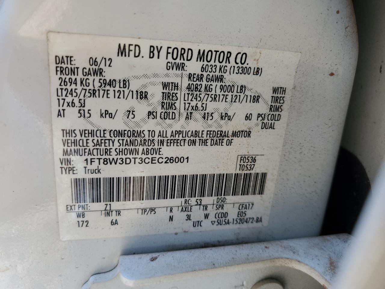 2012 Ford F350 Super Duty VIN: 1FT8W3DT3CEC26001 Lot: 80121545