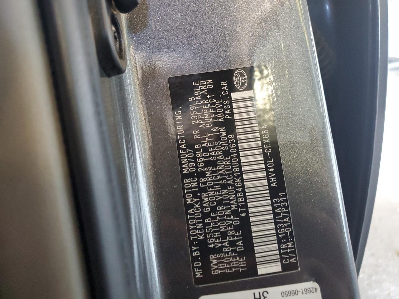 2008 Toyota Camry Hybrid VIN: 4T1BB46K18U040638 Lot: 81729645