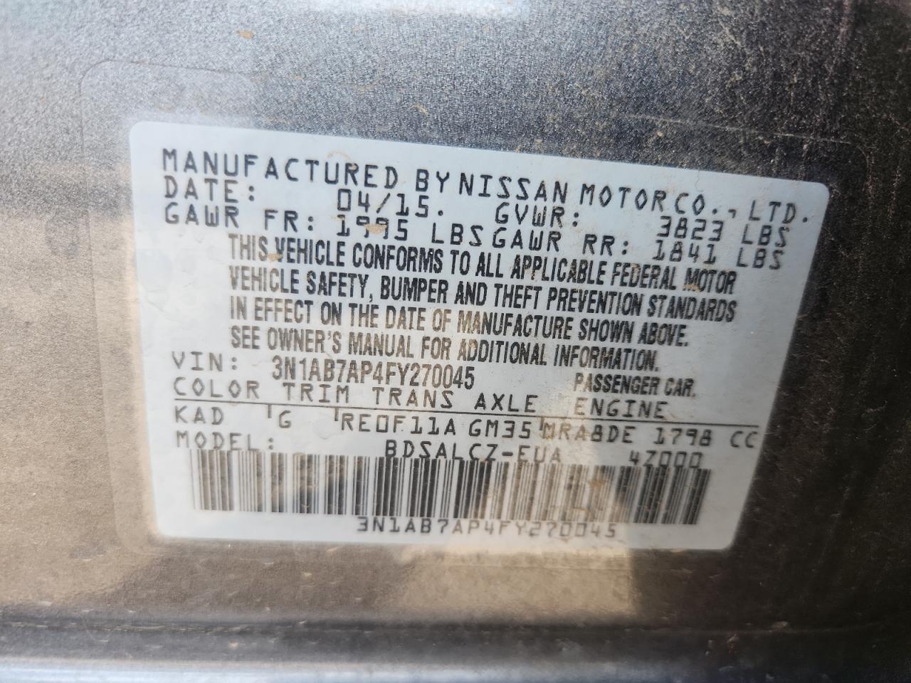 2015 Nissan Sentra S VIN: 3N1AB7AP4FY270045 Lot: 80744995