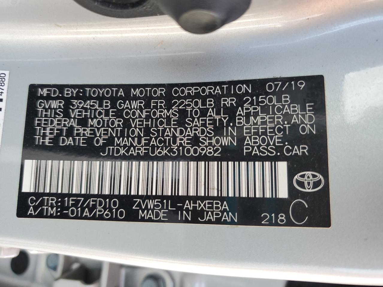 2019 Toyota Prius VIN: JTDKARFU6K3100982 Lot: 80781775