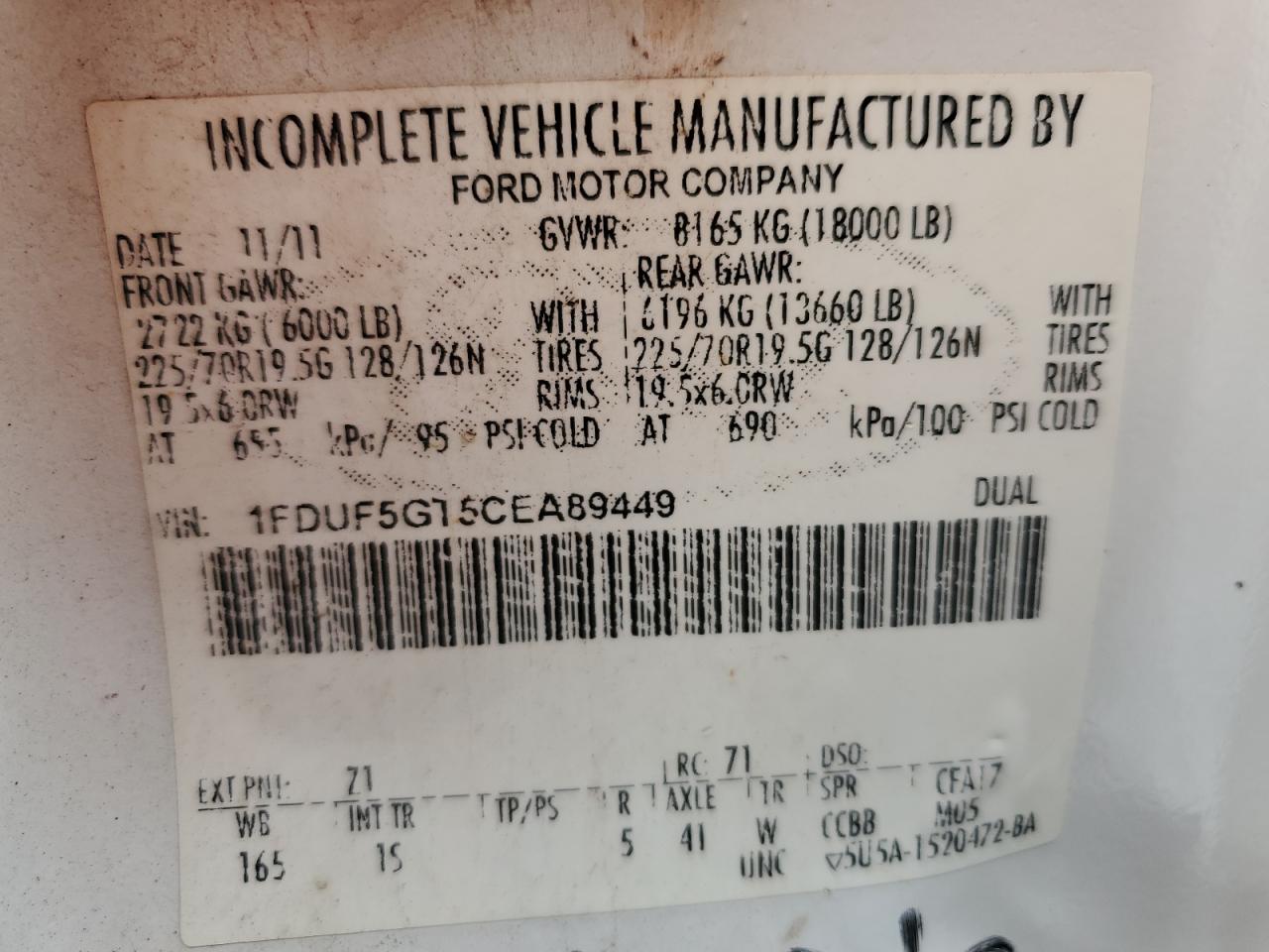 2012 Ford F550 Super Duty VIN: 1FDUF5GT5CEA89449 Lot: 81679365
