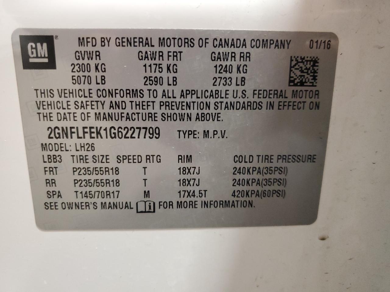 2016 Chevrolet Equinox Lt VIN: 2GNFLFEK1G6227799 Lot: 84172225