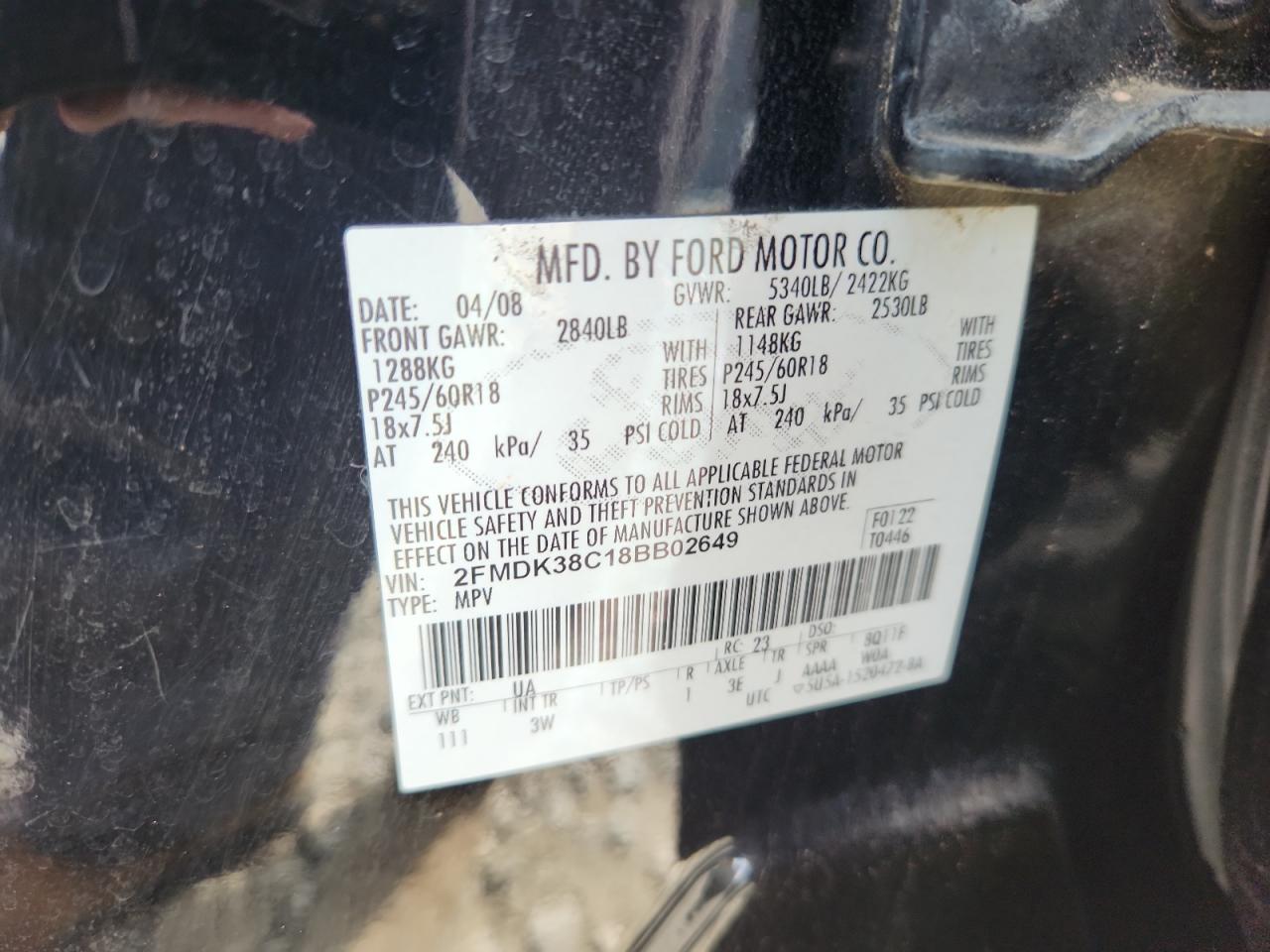 2008 Ford Edge Sel VIN: 2FMDK38C18BB02649 Lot: 83771775