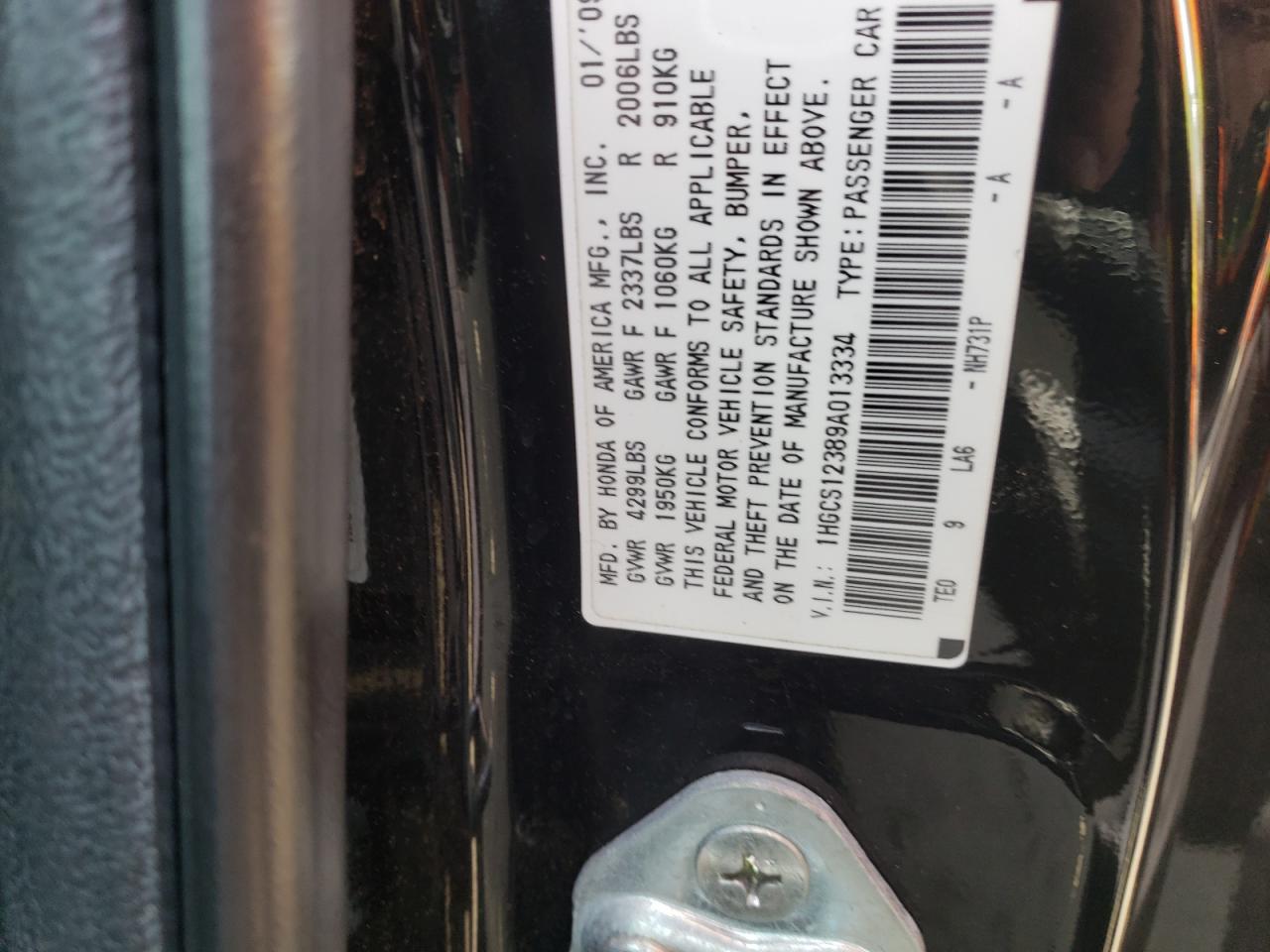 2009 Honda Accord Lx VIN: 1HGCS12389A013334 Lot: 81875905
