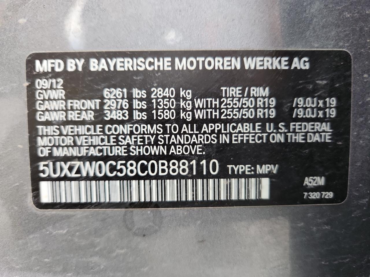 2012 BMW X5 xDrive35D VIN: 5UXZW0C58C0B88110 Lot: 71622875