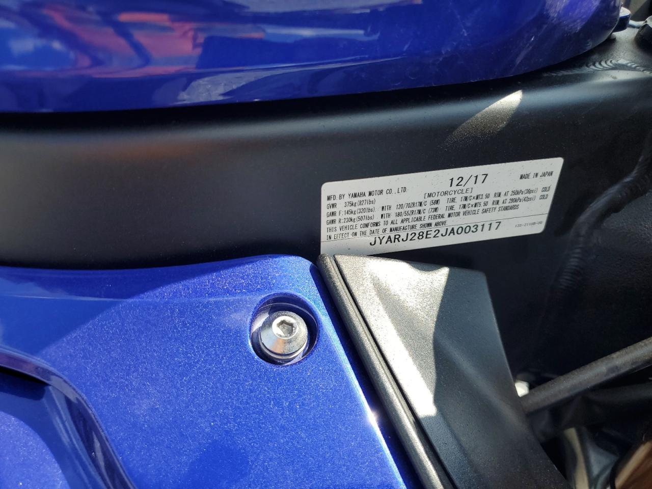 2018 Yamaha Yzfr6 VIN: JYARJ28E2JA003117 Lot: 80561155