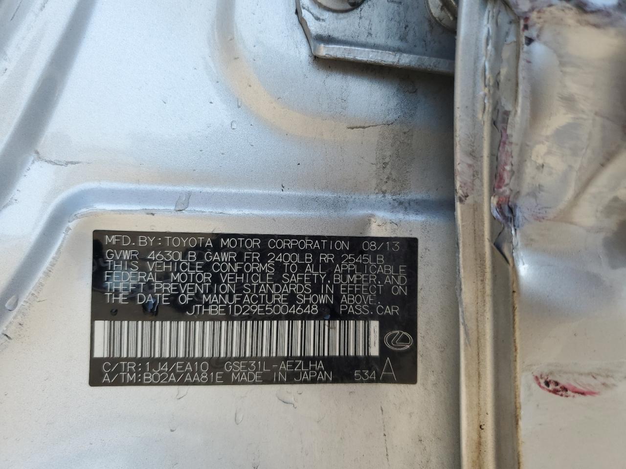 2014 Lexus Is 350 VIN: JTHBE1D29E5004648 Lot: 80085625