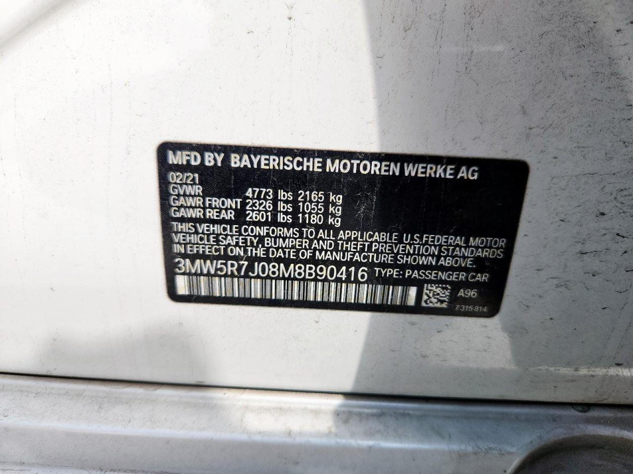 2021 BMW 330Xi VIN: 3MW5R7J08M8B90416 Lot: 81437905