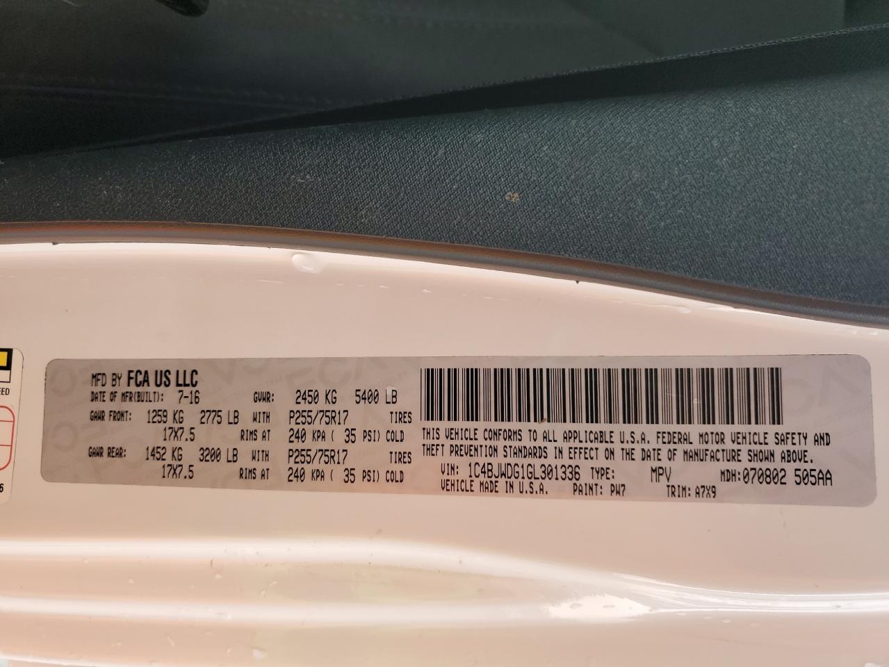 2016 Jeep Wrangler Unlimited Sport VIN: 1C4BJWDG1GL301336 Lot: 80009495