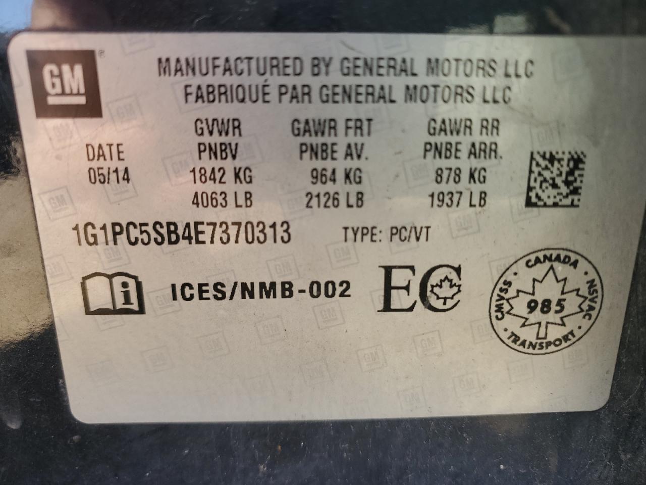2014 Chevrolet Cruze Lt VIN: 1G1PC5SB4E7370313 Lot: 82123705