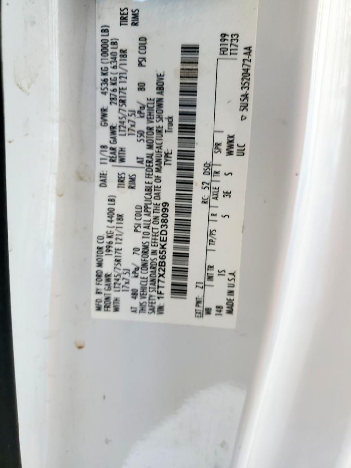2019 Ford F250 Super Duty VIN: 1FT7X2B65KED38099 Lot: 80672515