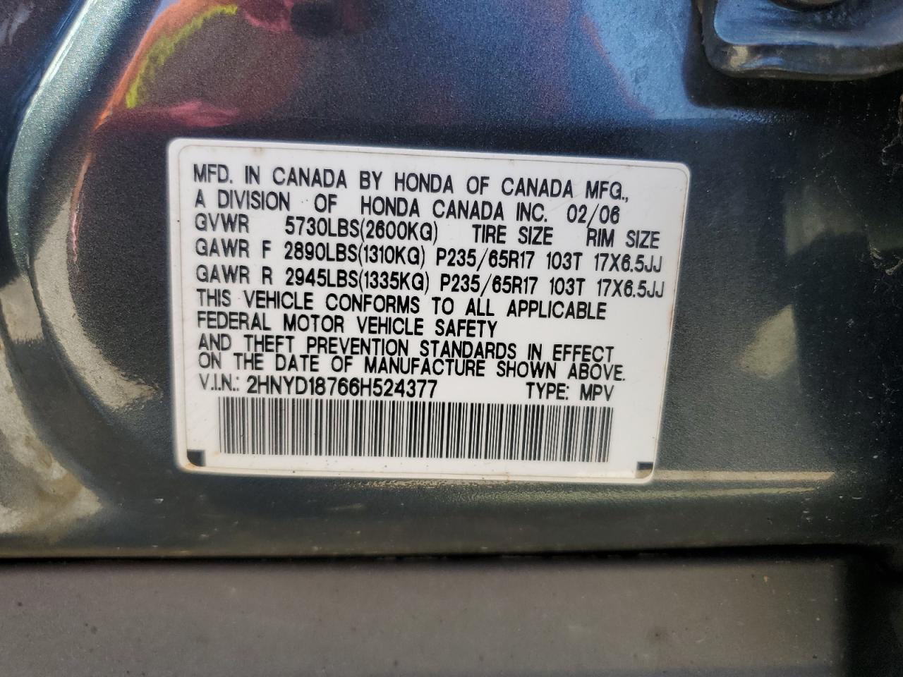 2006 Acura Mdx Touring VIN: 2HNYD18766H524377 Lot: 71273075