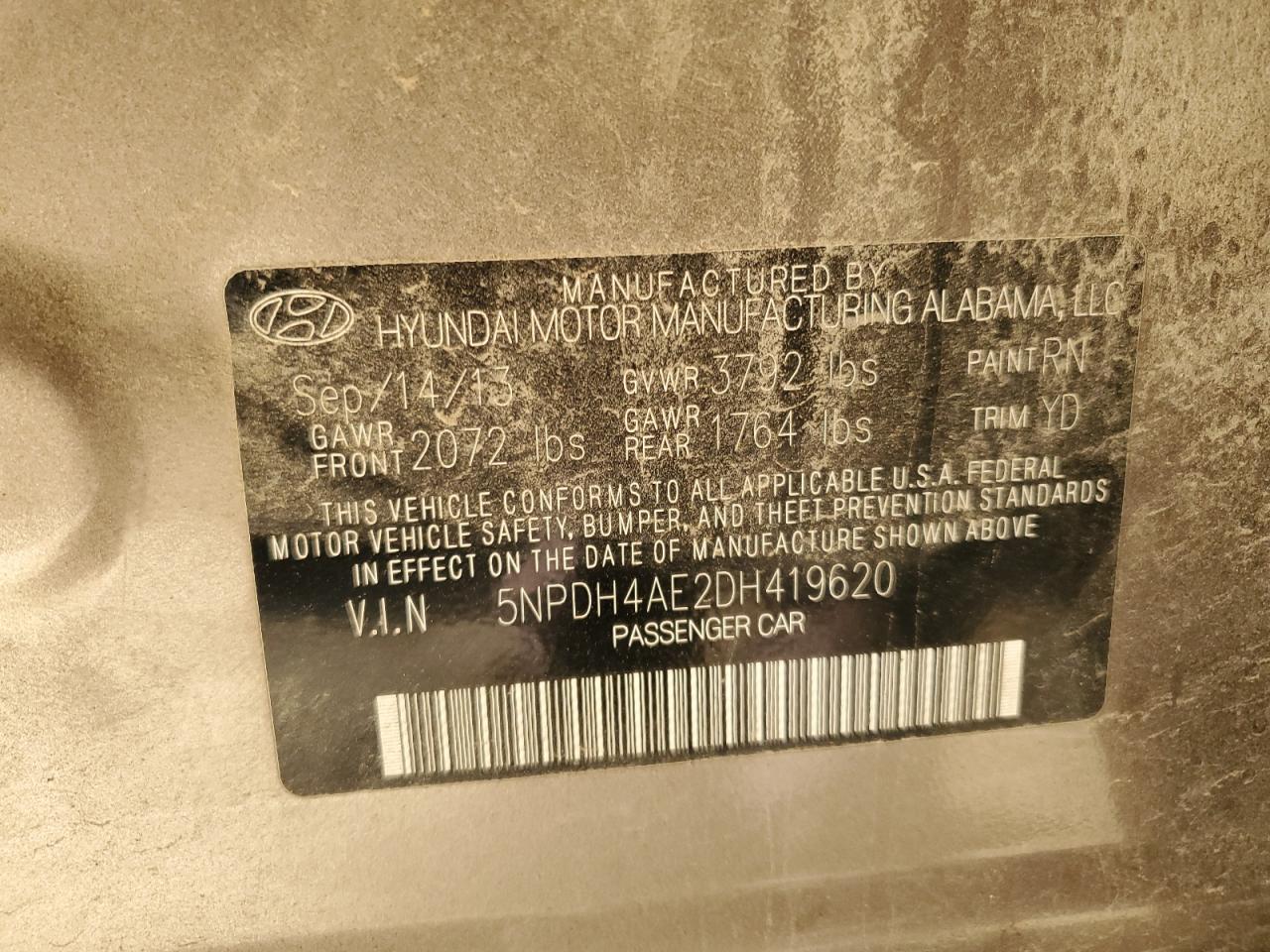 2013 Hyundai Elantra Gls VIN: 5NPDH4AE2DH419620 Lot: 80791125