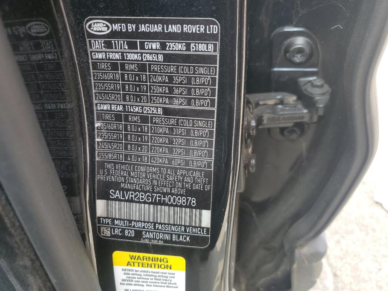 2015 Land Rover Range Rover Evoque Pure Premium VIN: SALVR2BG7FH009878 Lot: 71719475