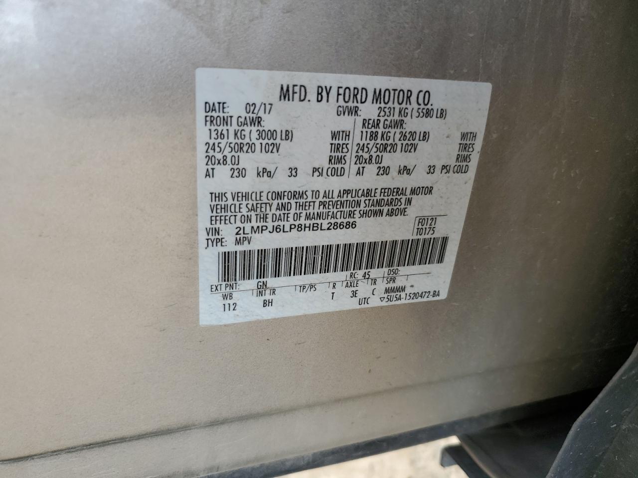 2017 Lincoln Mkx Reserve VIN: 2LMPJ6LP8HBL28686 Lot: 71370475